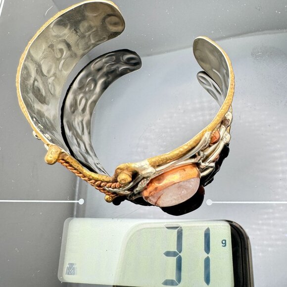 Handcrafted Bronze Copper Zinc Bracelet Genuine Rose Quartz Adjustable - Picture 6 of 14